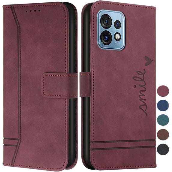 Wallet Case for Moto Edge Plus 2023, Moto Edge Plus Leather Flip Case with Kickstand Magnetic Full Protection Compatible with Motorola Moto Edge Plus 2023 Smile Red Wine