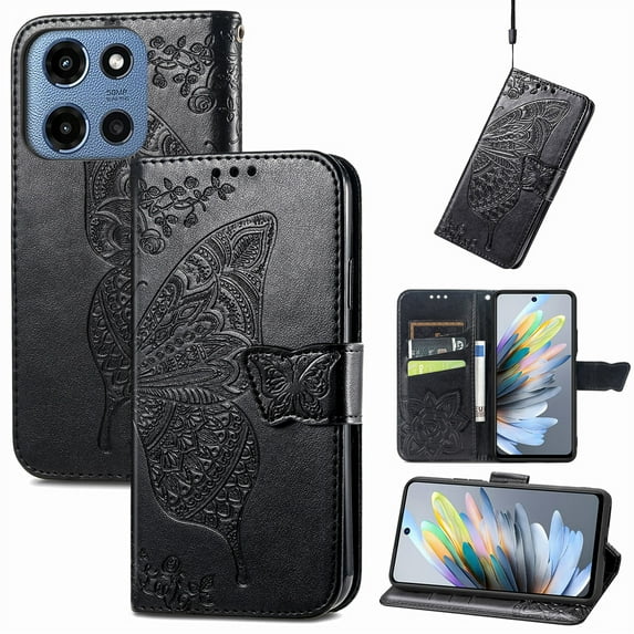 Wallet Case for Moto G 5G(2025),Women Folio PU Leather Case Wrist Strap Card Slots Holder Purse Embossed Butterfly Flower Stand Magnetic Closure Flip Full-Body Protective Case,Black