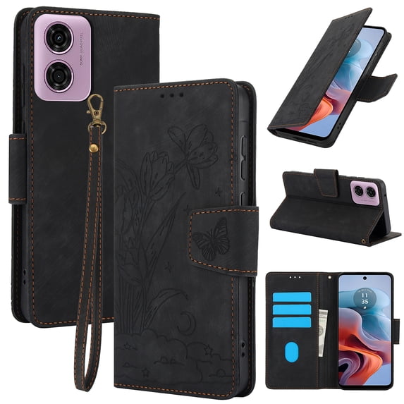 Wallet Case for Moto G Stylus 2023,PU Leather Wallet Flip Protective Phone Case Wrist Strap Card Slots Holder Pocket Emboss Butterfly Flower Stand Shockproof Phone Case,Black