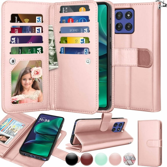 Wallet Case for Moto G Stylus 5G 2025 Wallet Case ,[9 Card Slots] Luxury PU Leather Credit Holder Carrying Folio Flip [Detachable] Kickstand Magnetic Phone Cover & Lanyard [Pink]
