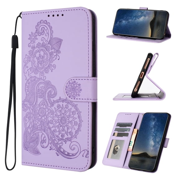 Wallet Case for Motorola Edge 40 Neo, PU Leather Flip Protective Phone Case Wrist Strap Card Slots Holder Pocket Emboss Flower Stand Magnetic Book Case for Motorola Edge 40 Neo - Purple