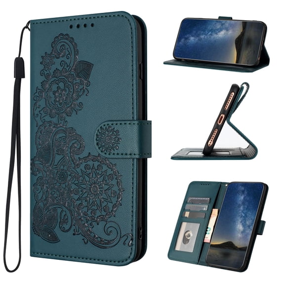 Wallet Case for Motorola Edge 40 Neo, PU Leather Flip Protective Phone Case Wrist Strap Card Slots Holder Pocket Emboss Flower Stand Magnetic Book Case for Motorola Edge 40 Neo - Darkgreen