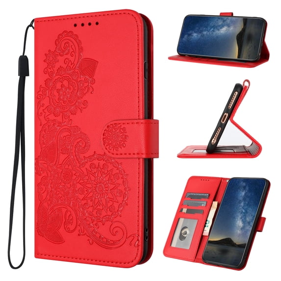 Wallet Case for Motorola Edge 40 Neo, PU Leather Flip Protective Phone Case Wrist Strap Card Slots Holder Pocket Emboss Flower Stand Magnetic Book Case for Motorola Edge 40 Neo - Red