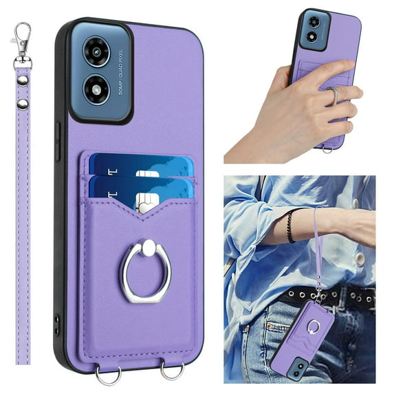 Wallet Case for Motorola G Play 4G 2024, Stylish Ultra Slim PU Leather Card Slots Ring Stand Wrist Strap Shockproof Protective Thin Lightweight Back Case Cover for G Play 4G 2024, Purple