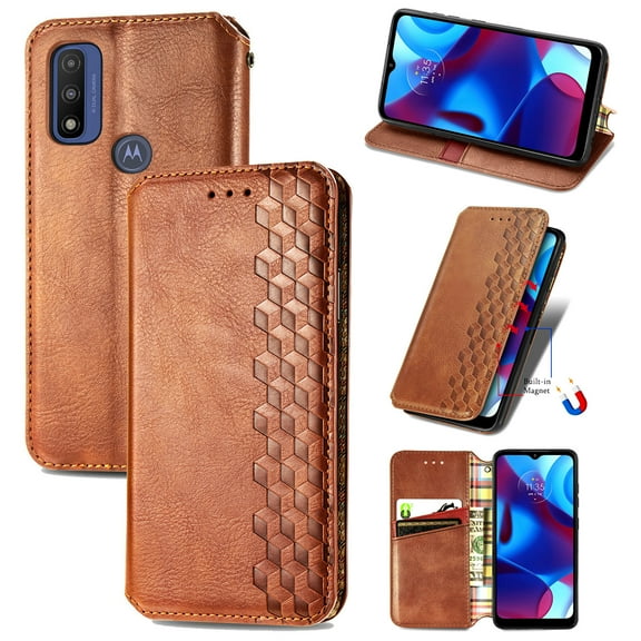 Wallet Case for Motorola G Pure, Magnetic PU Leather Kickstand Flip Cover with Card Holder Shockproof TPU Shell Embossed Pattern Folio Case for Motorola G Pure, Brown