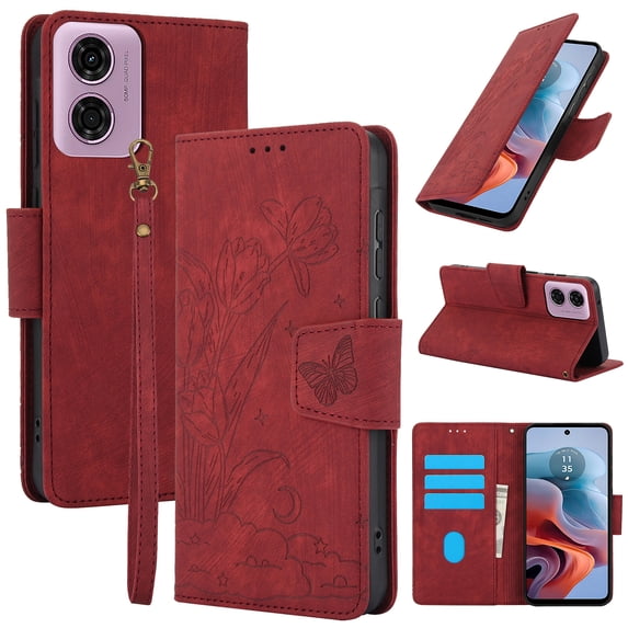 Wallet Case for Motorola G Stylus 5G (2024),PU Leather Wallet Flip Protective Phone Case Wrist Strap Card Slots Holder Pocket Emboss Butterfly Flower Stand Shockproof Phone Case,Red