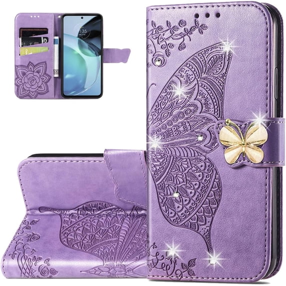 Wallet Case for Motorola G72,3D Butterfly Pattern PU Leather Flip Phone Case with Magnetic Clasp and Cash Card Slots Holder Holster for Moto G72, HZD Rhinestone Light Purple