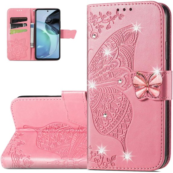 Wallet Case for Motorola G72,3D Butterfly Pattern PU Leather Flip Phone Case with Magnetic Clasp and Cash Card Slots Holder Holster for Moto G72, HZD Rhinestone Pink
