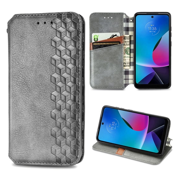 Wallet Case for Motorola Moto G (2022), Magnetic PU Leather Kickstand Flip Cover with Card Holder Shockproof TPU Shell Embossed Pattern Folio Case for Motorola Moto G (2022), Gray