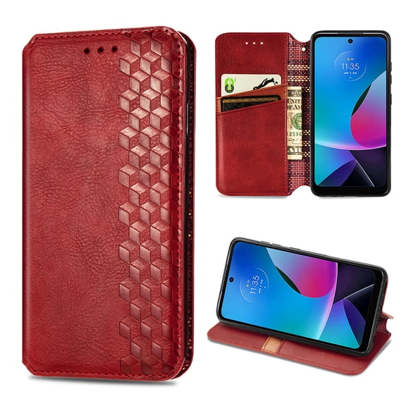 Wallet Case for Motorola Moto G (2022), Magnetic PU Leather Kickstand Flip Cover with Card Holder Shockproof TPU Shell Embossed Pattern Folio Case for Motorola Moto G (2022), Red