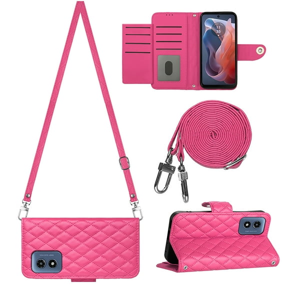 Wallet Case for Motorola Moto G (2025) with Card Cash Slots, Luxury Premium PU Leather Kickstand Shoulder Strap Lanyard Shockproof Anti-Fall Full Body Protective Flip Shell, Rose