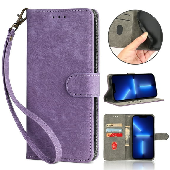 Wallet Case for Motorola Moto G 5G 2022,Card Slots[RFID Blocking],Durable Flip Folio Kickstand Magnetic Closure Retro Premium Leather Wallet Wrist Strap Shockproof Case, Purple
