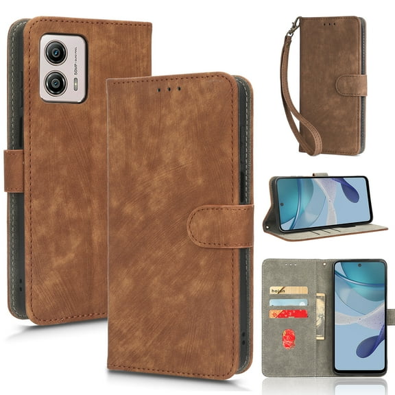 Wallet Case for Motorola Moto G 5G 2023,Card Slots[RFID Blocking],Durable Flip Folio Kickstand Magnetic Closure Retro Premium Leather Wallet Wrist Strap Shockproof Case, brown