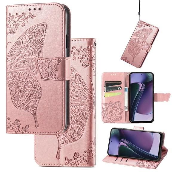 Wallet Case for Motorola Moto G 5G 2024, Butterfly Embossed PU Leather Magnetic Closure Kickstand Card Slots with Wrist Strap for Girls Women for Motorola Moto G 5G 2024, Rosegold
