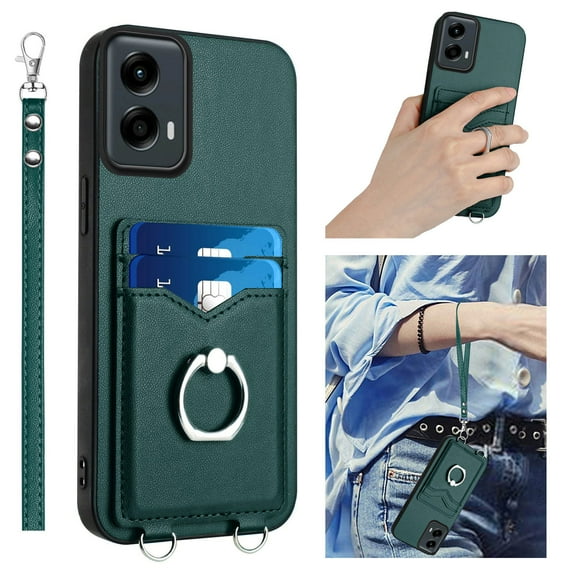Wallet Case for Motorola Moto G 5G 2024 / G Play 5G 2024, Stylish Ultra Slim PU Leather Card Slots Ring Stand Wrist Strap Shockproof Protective Thin Lightweight Back Case Cover, Green