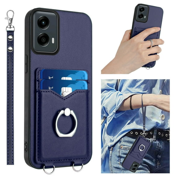 Wallet Case for Motorola Moto G 5G 2024 / G Play 5G 2024, Stylish Ultra Slim PU Leather Card Slots Ring Stand Wrist Strap Shockproof Protective Thin Lightweight Back Case Cover, Blue