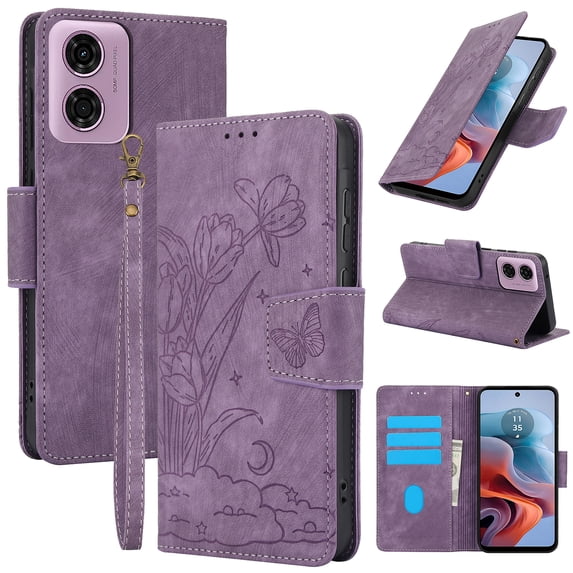 Wallet Case for Motorola Moto G 5G (2024),PU Leather Wallet Flip Protective Phone Case Wrist Strap Card Slots Holder Pocket Emboss Butterfly Flower Stand Shockproof Phone Case,Purple