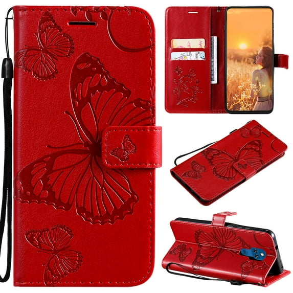 Wallet Case for Motorola Moto G Play 2021, Magnetic Flip Kickstand Emboss Butterfly PU Leather Protective Phone Cover with Wrist Strap & Card Slots, Red