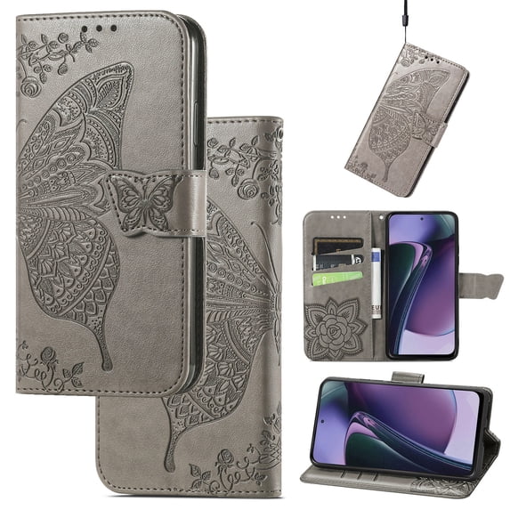 Wallet Case for Motorola Moto G Play 2023, Butterfly Embossed PU Leather Magnetic Closure Kickstand Card Slots with Wrist Strap for Girls Women for Motorola Moto G Play 2023, Gray