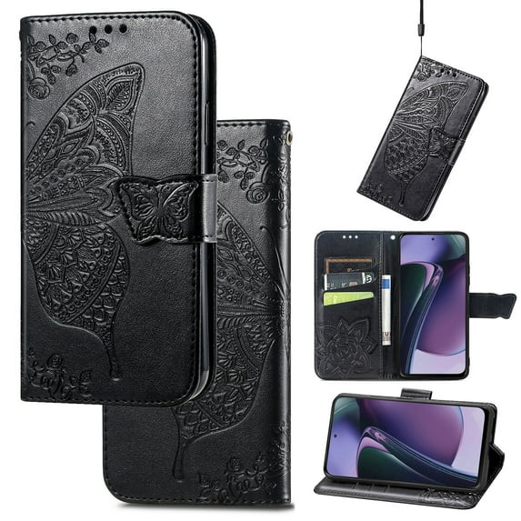 Wallet Case for Motorola Moto G Play 2023, Butterfly Embossed PU Leather Magnetic Closure Kickstand Card Slots with Wrist Strap for Girls Women for Motorola Moto G Play 2023, Black