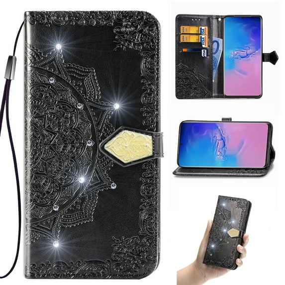 Wallet Case for Motorola Moto G Play 4G 2024, Women Elegant Diamond Embossed PU Leather Kickstand Credit Card Holder Slots Wrist Strap Flip Phone Cover for Motorola Moto G Play 4G 2024, Black