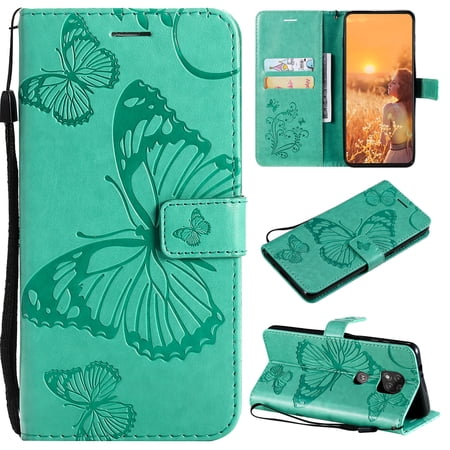Wallet Case for Motorola Moto G Power 2021, Magnetic Flip Kickstand Emboss Butterfly PU Leather Protective Phone Cover with Wrist Strap & Card Slots, Green