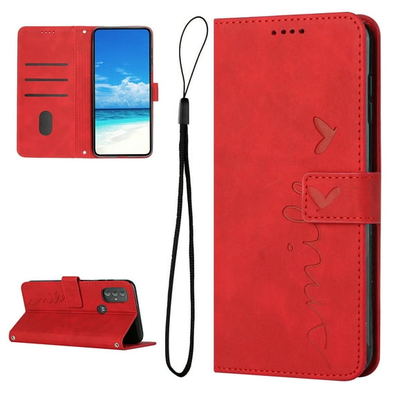 Wallet Case For Motorola Moto G Power (2022), Magnetic Closure Heart Patterned Embossed Premium PU Leather Kickstand Credit Card Holder Slots Wrist Strap Flip Folio Cover, Red