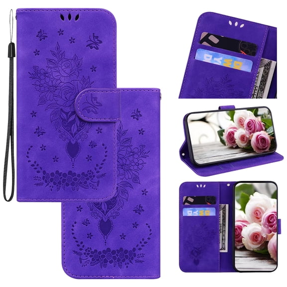 Wallet Case For Motorola Moto G Stylus 4G 2022, Butterfly Embossed & Cute Flower Patterned PU Leather Magnetic Clasp Flip Stand Card Slots Kickstand with Hand Strap Shockproof Cover,
Purple
