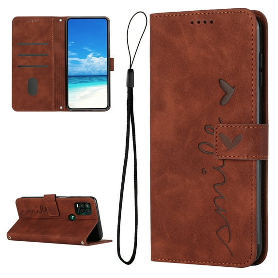 Wallet Case For Motorola Moto G Stylus 5G 2021, Magnetic Closure Heart Patterned Embossed Premium PU Leather Kickstand Credit Card Holder Slots Wrist Strap Flip Folio Cover, Brown