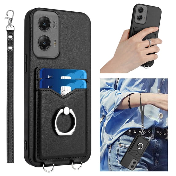 Wallet Case for Motorola Moto G Stylus 5G 2024, Stylish Ultra Slim PU Leather Card Slots Ring Stand Wrist Strap Shockproof Protective Thin Lightweight Back Case Cover for Moto G Stylus 5G 2024, Black