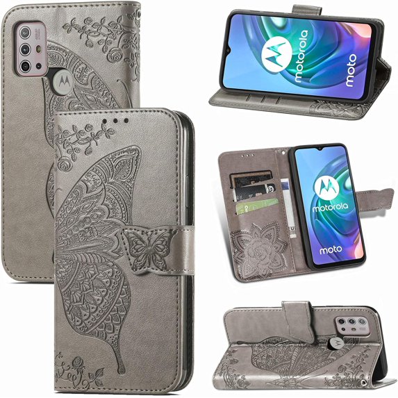 Wallet Case for Motorola Moto G10/MOTO G30,3D Butterfly Embossing Slim Flip PU Leather Phone Case Magnetic Closure Credit Card Slots Holder Cover for Motorola Moto G30/MOTO G10 HZD Gray