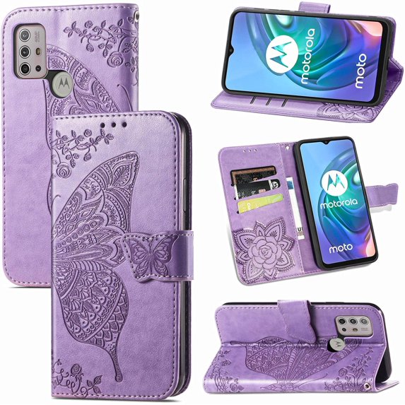 Wallet Case for Motorola Moto G10/MOTO G30,3D Butterfly Embossing Slim Flip PU Leather Phone Case Magnetic Closure Credit Card Slots Holder Cover for Motorola Moto G30 HZD Light Purple