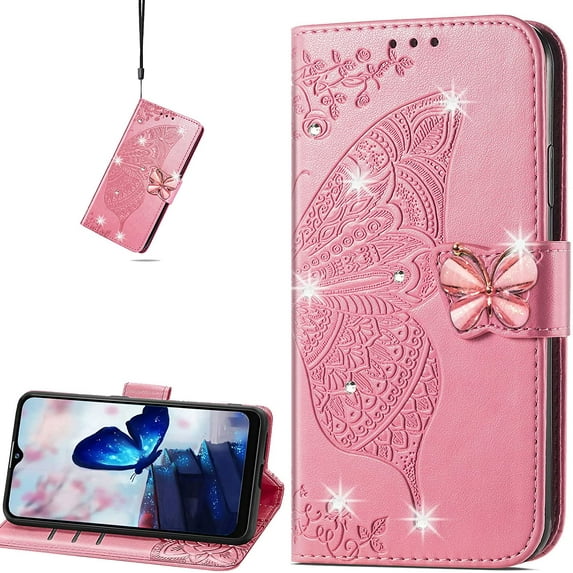 Wallet Case for Motorola Moto G51 5G, 3D Butterfly Flower PU Leather with Credit Card Slots Holder Magnetic Closure Folio Phone Cover Case for Motorola Moto G51 Rhinestone Pink