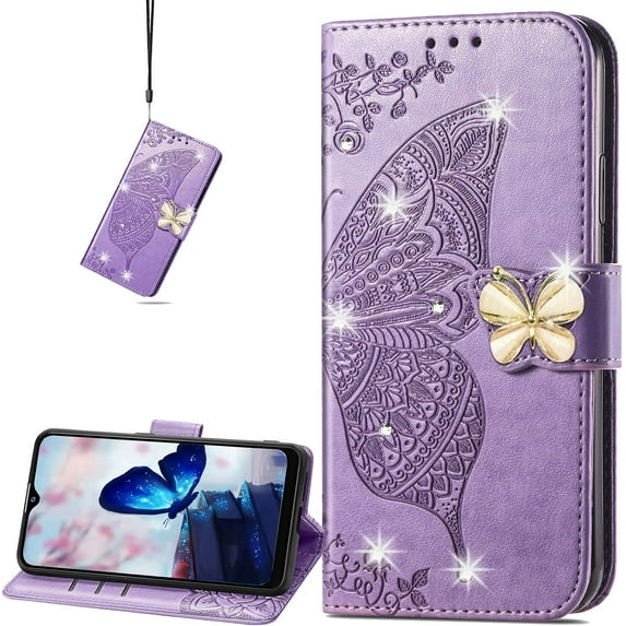 Wallet Case for Motorola Moto G51 5G, 3D Butterfly Flower PU Leather with Credit Card Slots Holder Magnetic Closure Folio Phone Cover Case for Motorola Moto G51 Rhinestone Purple