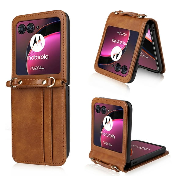 Wallet Case for Motorola Razr+ 2024, Pretty Card Package Cover Luxury PU Leather + Hard PC Bumper Ultra-thin Protective with Long Shoulder Strap for Motorola Razr+ 2024, Brown