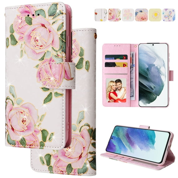 Wallet Case for Samsung A05s with RFID Blocking Credit Card Slots Holder, Cute Patterned Gold Brushing Magnetic Flip Kickstand Wrist Strap Cover for Samsung Galaxy A05s, Love Rose