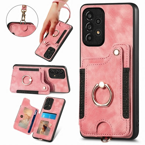 Wallet Case for Samsung A52 5G, 360 Ring Holder Stand with Card Holder Premium Retro Leather Shockproof RFID Blocking Magnetic Clasp Hand Strap for Women Men for Samsung Galaxy A52 5G, Pink