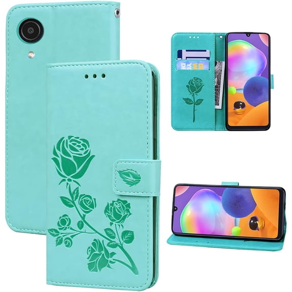Wallet Case for Samsung Galaxy A03 Core,Classic Rose Flower Pattern Shockproof PU Leather Case with Magnetic Clasp and Card Slots Holder Cover for Samsung Galaxy A03 Core MG Green
