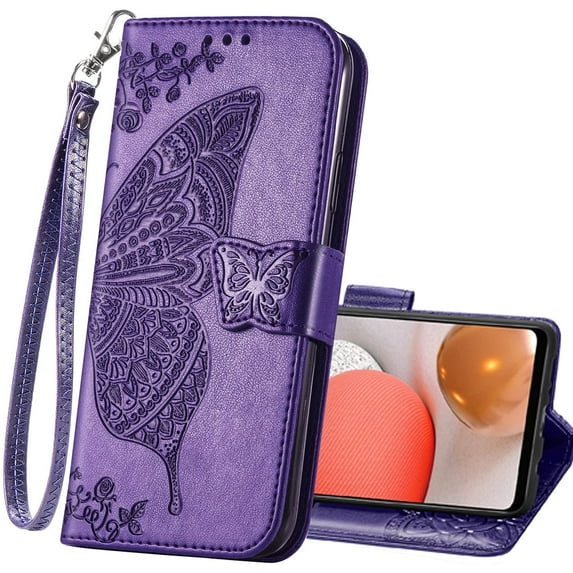 Wallet Case for Samsung Galaxy A03 Core,PU Leather Wallet Flip Protective Phone Case Wrist Strap Card Slots Holder Pocket Emboss Butterfly Flower Stand Case for Samsung Galaxy A03 Core Purple