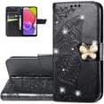 thumbnail image 1 of Wallet Case for Samsung Galaxy A03S,3D Butterfly Pattern PU Leather Case with Strong Magnetic Clasp and 3 Card Slots Holder Cover for Samsung Galaxy A03S HZD Rhinestone Black, 1 of 16