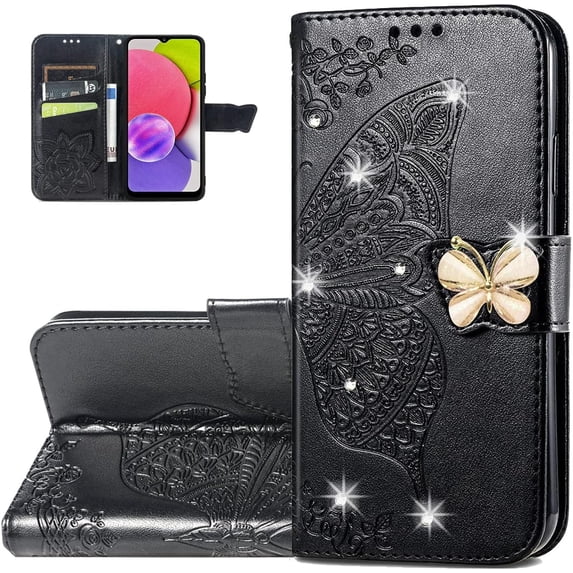 Wallet Case for Samsung Galaxy A03S,3D Butterfly Pattern PU Leather Case with Strong Magnetic Clasp and 3 Card Slots Holder Cover for Samsung Galaxy A03S HZD Rhinestone Black