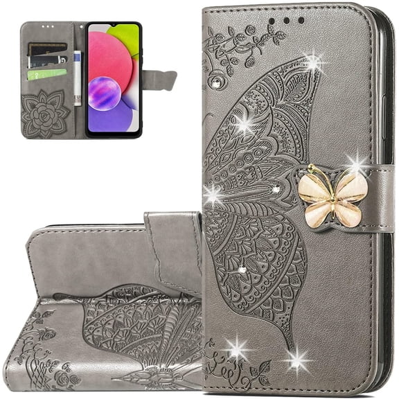 Wallet Case for Samsung Galaxy A03S,3D Butterfly Pattern PU Leather Case with Strong Magnetic Clasp and 3 Card Slots Holder Cover for Samsung Galaxy A03S HZD Rhinestone Gray