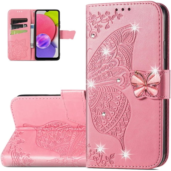 Wallet Case for Samsung Galaxy A03S,3D Butterfly Pattern PU Leather Case with Strong Magnetic Clasp and 3 Card Slots Holder Cover for Samsung Galaxy A03S HZD Rhinestone Pink