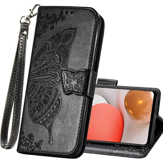 Wallet Case for Samsung Galaxy A03s,PU Leather Flip Protective Phone Case Wrist Strap Card Slots Holder Pocket Emboss Butterfly Flower Stand Case for Samsung Galaxy A03s Black