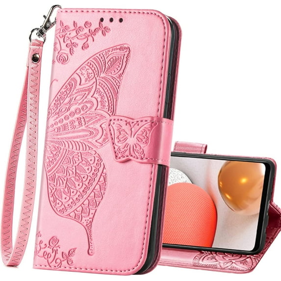Wallet Case for Samsung Galaxy A03s,PU Leather Wallet Flip Protective Phone Case Wrist Strap Card Slots Holder Pocket Emboss Butterfly Flower Stand Case for Samsung Galaxy A03s Pink