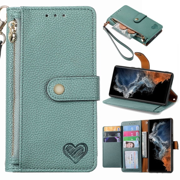 Wallet Case for Samsung Galaxy A04e Women Men, Durable PU Leather Magnetic Flip Lanyard Strap Wristlet Zipper Card Holder Kickstand Wallet Phone Case Cover Full Body Protection, Green