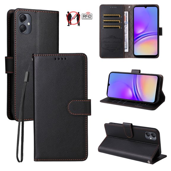Wallet Case for Samsung Galaxy A05, Premium PU Leather Flip Folio Case with RFID Blocking Card Slots Kickstand Function Wrist Strap Protective Shockproof Phone Case Cover, Black