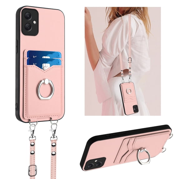 Wallet Case for Samsung Galaxy A05, Stylish Ultra Slim PU Leather Card Slots Ring Stand Shoulder Strap Shockproof Protective Thin Lightweight Back Case Cover for Samsung Galaxy A05, Rosegold