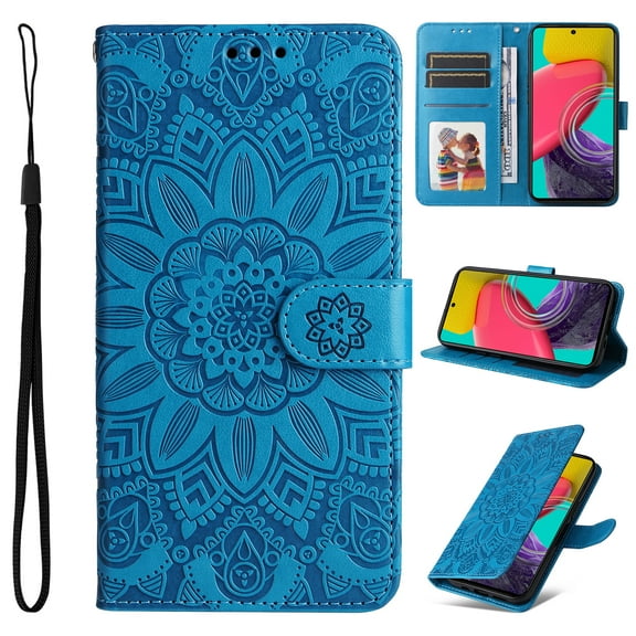 Wallet Case for Samsung Galaxy A05S, Exquisite Flower Embossed Pattern PU Leather Flip Cover with Card Slots Holder Kickstand Silicone Shockproof Magnetic Clasp Protection Case, Blue