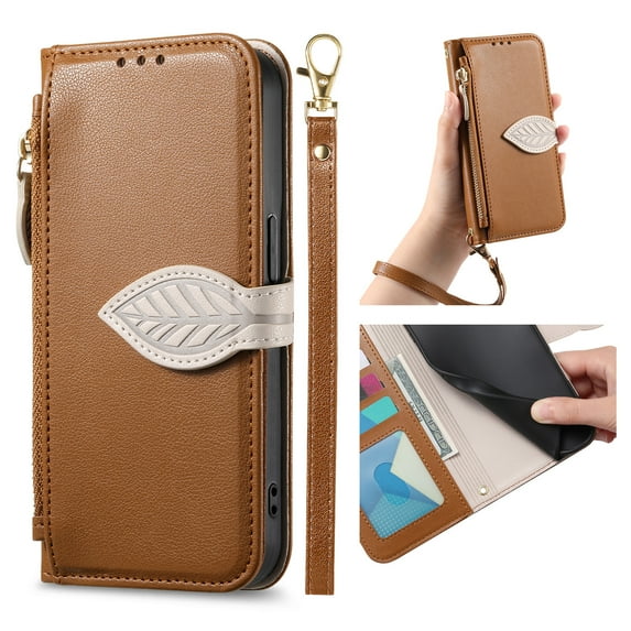 Wallet Case for Samsung Galaxy A06 Flip PU Leather Protective Kickstand Cover, with Lanyard & Crossbody Strap Shockproof Card Slots Zipper Pocket Leaf Design Magnetic Clasp Phone Case, Brown